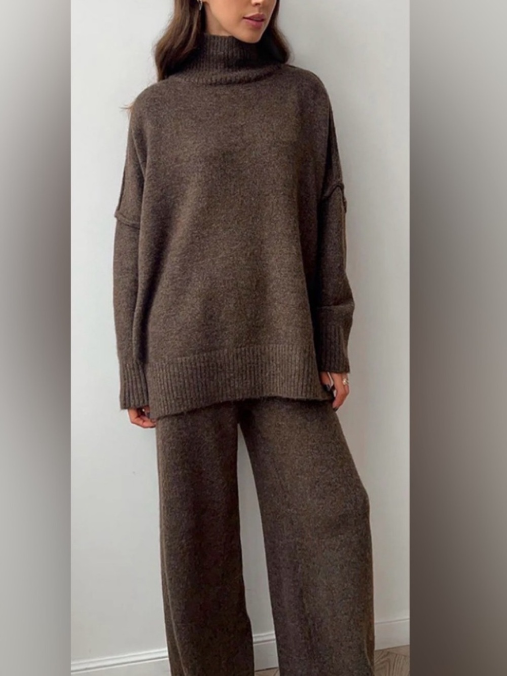 Commense Plain Turtleneck Knit Pants Set
